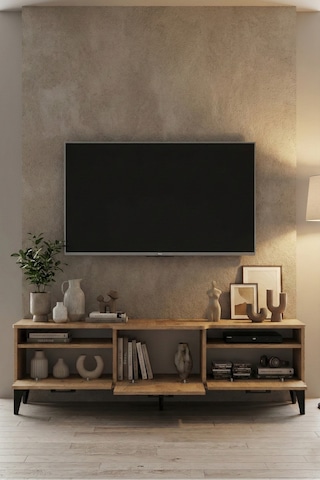 Tv Sehpası 160 Cm Kapaklı Raflı Televizyon Ünitesi Salon Oturma Odası Tv Sehpa Mistral Bej