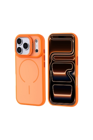 Zore Apple iPhone Uyumlu 17 Pro Max Kılıf M-safe Şarj Özellikli Kamera Standlı Omsy Notron Kapak - Turuncu