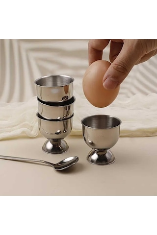 Reyo Paslanmaz Çelik 4'lü Kadeh Yumurtalık, Metal Haşlanmış Yumurta Standı, Kahvaltılık Sunum Kabı