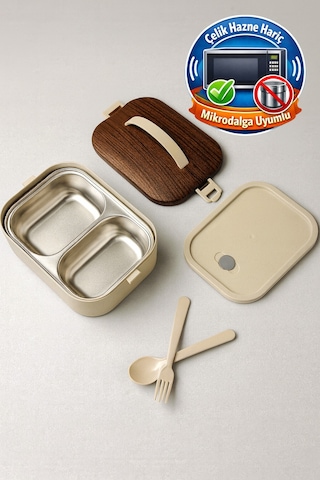 Lunchee - Çelik Bölmeli Sızdırmaz Ahşap Görünümlü Vakum Kapaklı Yemek Kabı Lunchbox 650 Ml Kahverengi