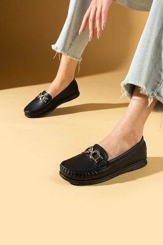 Shoetek Gerda Kadın Makosen Ayakkabı Tokalı Babet Siyah Cilt Siyah Cilt