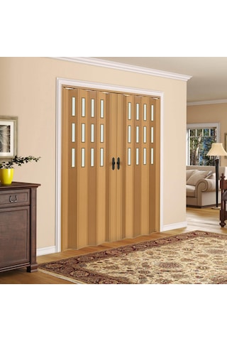 Faran Dekorasyon 170 x 215 Meşe Renk Camlı Çift Açılım Pvc Akordiyon Kapı - FRNAKMODEL-0-154
