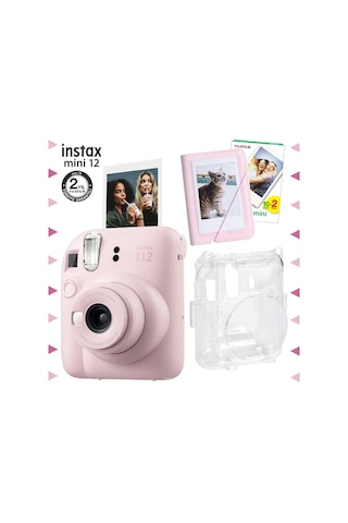 Fujifilm Instax Mini 12 Fotoğraf Makinesi + 20'li Film + Mini Albüm + Şeffaf Kılıf Seti Pembe