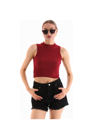Kadın Likralı Kolsuz Crop Bluz Bordo