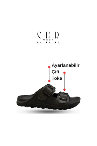 Sermoda Kadın Terlik Esnek Anatomik Tabanlı Ayarlanabilir Çift Tokalı Kadın Terlik Siyah