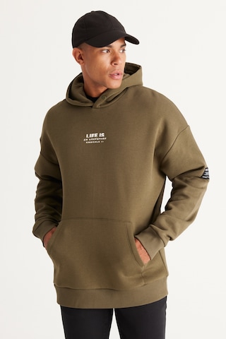 AC&Co / Altınyıldız Classics Erkek Hakı Oversize Fit Bol Kesim Kapüşonlu İçi Polarlı Pamuklu Sweatshirt Haki