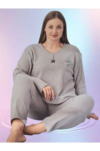 Rüyam Büyük Beden Kışlık Kadın Pijama Takımı Gri