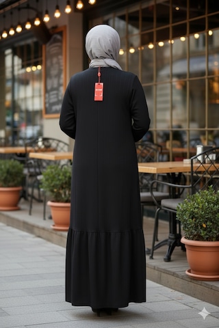 Hesna Kadın Derya Fitilli Doku Eteği Farbalı Broşlu Siyah Elbise Siyah