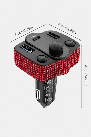 Araç İçi Kırmızı Kristal Taşlı Fm Transmitter Bluetooth Usb Type-c Oto Çakmaklık