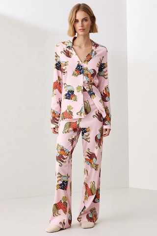 Benerly Kadın Gömlek Yaka Uzun Kol Kaplan Baskılı Pijama Takımı Regular K Pembe