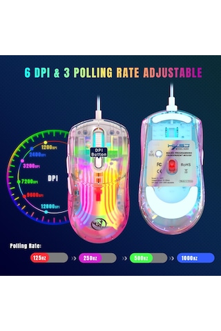 Cbtx Hxsj X400 12800 DPI 6 Tuşlu Kablolu Şeffaf RGB Oyuncu Mouse