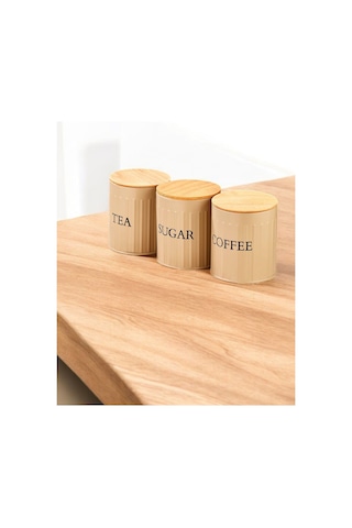 3 Lü Ahşap Kapaklı Metal Saklama Kutusu Çay Kahve Şeker Kavanoz Saklama Kabı Kahverengi