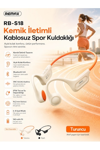 Remax Rb-s18 Kemik İletimli Bluetooth 5.4 Kablosuz Spor Kulaklığı - Açık Kulak Tasarımlı Rb-s18 Turuncu
