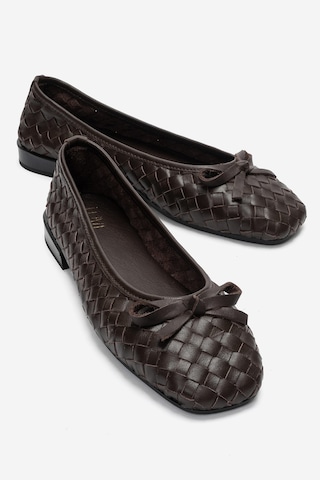Luvi Shoes Garen Kahverengi Örgü Hakiki Deri Fiyonklu Kadın Babet Ayakkabı