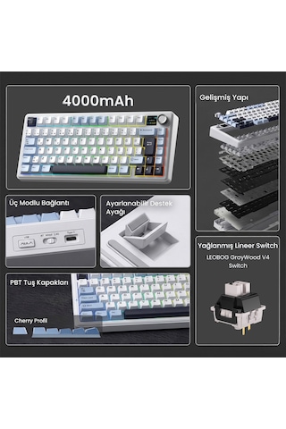 Aula F75 Max Mekanik Rgb Tkl Graywood V4 Switch Kablosuz Makrolu Hot Swap Türkçe Q Klavye Lacivert