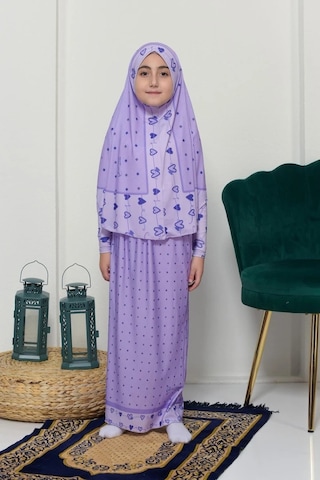 Çocuk Namaz Takımı Pratik İki Parça Desenli Kollu Tak Çıkar Başörtülü Likralı Tesettür Elbise 6-12 Yaş 901-0201