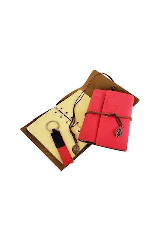 Özel Ahşap Kutulu Kırmızı Deri Defter Ve Anahtarlık Set 1 Adet