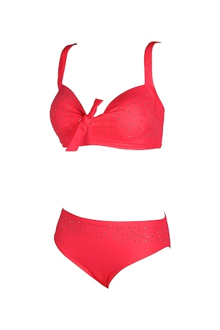 Endeep Kadın Fiyonk ve Taş Detaylı Büyük Beden Nar Çiçeği Bikini Takımı Çok Renkli