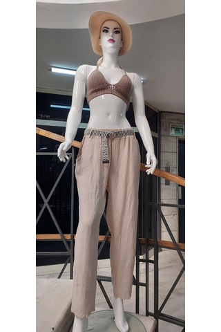 Eren Style İtalyan Kemerli Keten Pantolon-9260 Krem