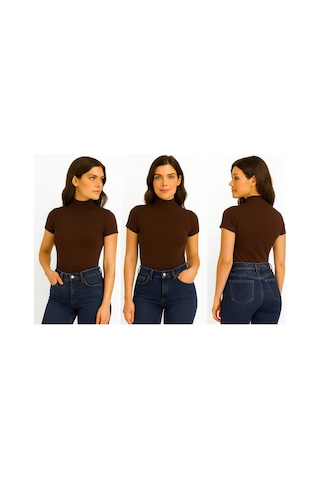 İngegno Body Yarım Balıkçı Yaka Kısa Kol Örme Kumaş Viskon Body Kadın Acı Kahverengi