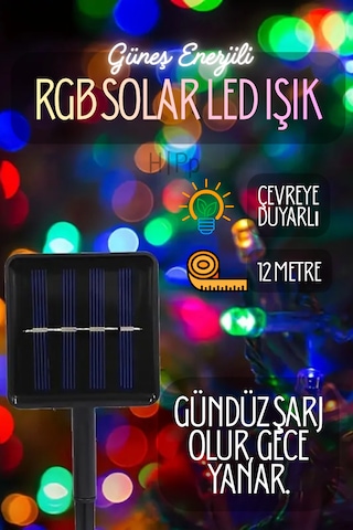 Solar 100 Ledli 12 Metre Bahçe Aydınlatma Dekorasyon Güneş Enerjili Led Işık Karışık Rgb