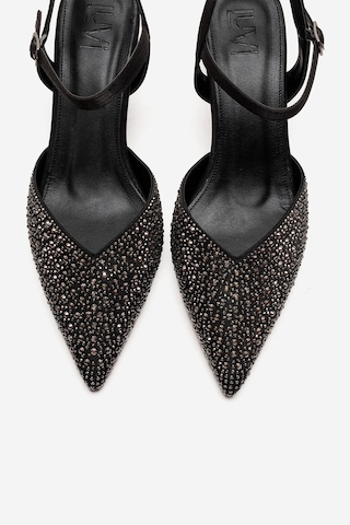 Luvishoes Vilka Siyah Saten Taşlı Sivri Burun İnce Topuklu Abiye Ayakkabı