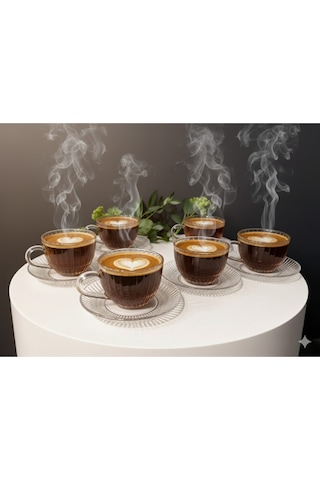 Çnr Home Collection 6'lı Cam Fincan Seti - Zarif Desenli Cam Bardak Takimi Şeffaf