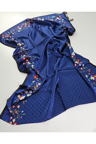 Miorel Scarfs Lv Desen Çiçekli İthal Vual İpek Şal Aksesuar Fular Silk Scarfs Shawl Hijab Lacivert