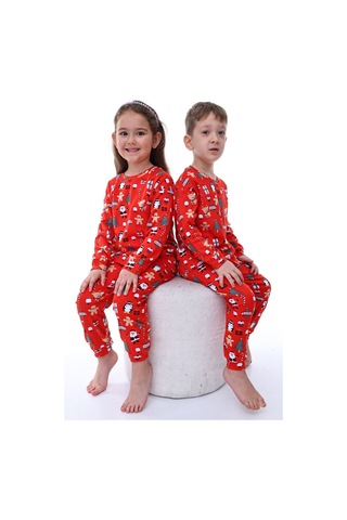 Zuzunga Sevimli Kardan Adam-penguen Desenli %100 Pamuk Unisex Çocuk Pijama Takımı Kırmızı