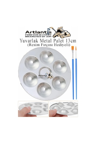 Yuvarlak Metal Palet 1 Adet Metal Boya Paleti 7 Hazneli 13 Cm Paslanmaz Resim Boyama Paleti Fırça Hediyeli