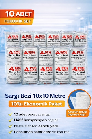Sargı Bezi 10x10 Metre 10 Lu Paket Kenarları Örgülü Özel Dokuma Ds Sağlık Elastik Bandaj