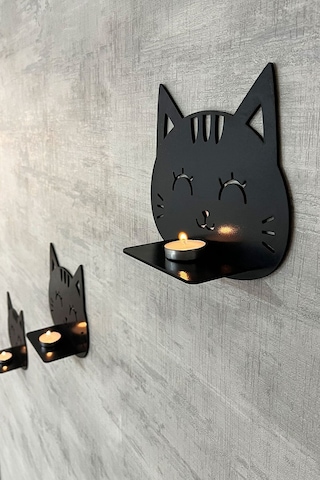 Dekoratif Kedi Duvar Rafı 3 Lü Set 20 Cm Duvar Mumluğu Siyah