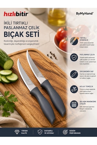 Bymyhand Paslanmaz Çelik Siyah Meyve Bıçağı Soyma Bıçağı Dilimleme Bıçağı 2'li Set