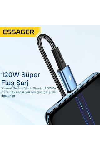 Essager 1 Metre 120w 6a Pd3.1 Usb To Type-c Mega Hızlı Data Şarj Kablosu, Ultra Sağlam Halat Kablo Kopmaz