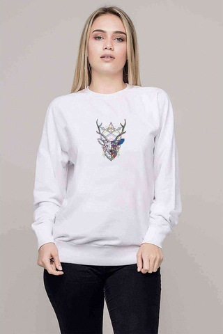 Triangles Deer Geyik Baskılı Beyaz Kadın Sweatshirt