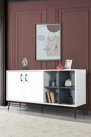 4612 Şile Metal Ayaklı Metal Kulplu Konsol - Yemek Odası - Salon Odası Beyaz Beyaz - Antrasit