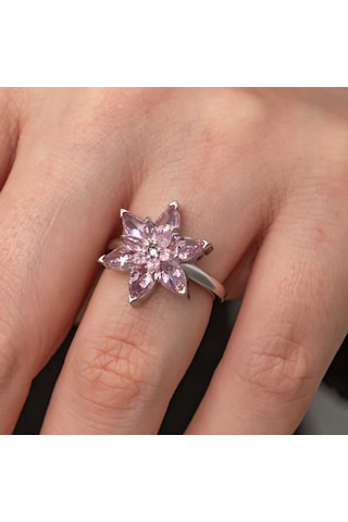925 Ayar Gümüş Ayarlanabilir Pembe Lotus Çiçeği Kadın Yüzük Renkli