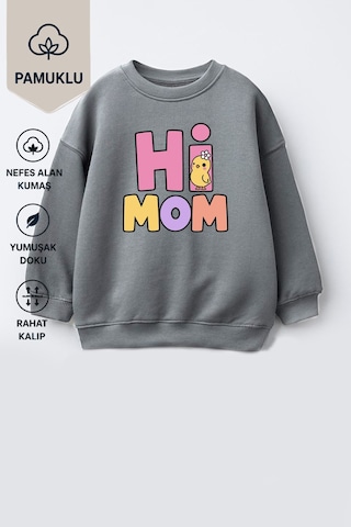 Monila Unisex Çocuk Pamuklu Bisiklet Yaka Slogan Baskılı Sweatshirt Antrasit/pembe