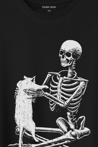 İskelet Ölünceye Kadar Kedi Seveceğim Skeleton Cat Love Baskılı Tişört Unisex T-shirt 001