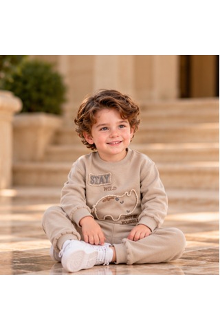 Maxx Kelın Erkek Bebek 2'li Takım Bej Dinozor Baskılı Sweatshirt Ve Pantolon 6-12-18-24 Ay