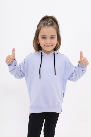 Kız Çocuk Oversize Kapüşonlu Büzgülü Düşük Omuz Nakış Baskılı Yırtmaçlı Sweatshirt - 2 İplik Koyu Mavi