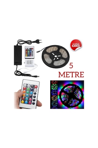 Rgb Animasyonlu Cata Şerit Led 5 Mt Kendinden Trafolu Renk Değiştiren Kumandalı Çok Renkli İç Mekan