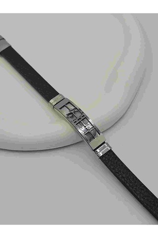 Deri Kordonlu Çelik Erkek Thunder Bileklik Siyah - Gümüş