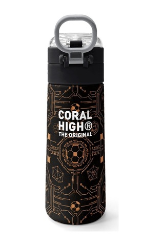 Coral High 500 Ml Erkek Çocuk Siyah Kahverengi Futbol Topu Baskılı Çelik Termos Matara - Okul Suluğu Siyah - Kahverengi