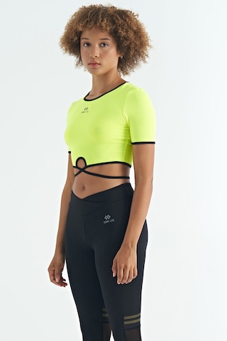 Tommy Life Neon Sarı Bel Bağlama Detaylı O Yaka Standart Kalıp Dalgıç Kumaş Kadın Crop T-shirt - 97266 Neon Sarı