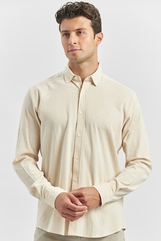 İmza Bej Uzun Kollu Gofreli Biyeli %100 Pamuk Casual Slim Fit Dar Kesim Gömlek 1004240247 Bej