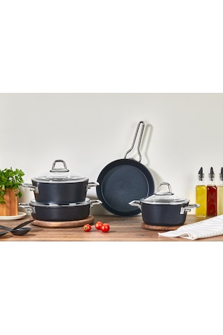 Amboss Shadow 7 Parça Yanmaz Yapışmaz Ezme- Granit Tencere Seti - Siyah