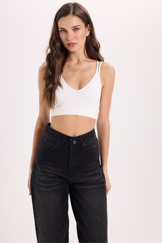 Tudors Kadın Slim Fit Dar Kesim Çapraz Bağlamalı Askılı V Yaka Ekru Crop -51181