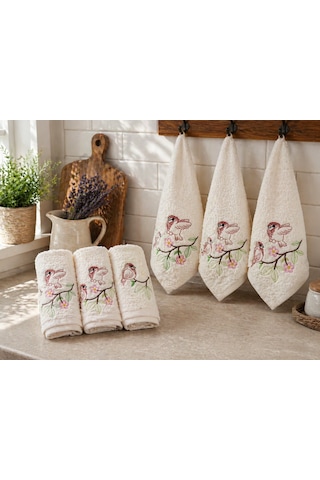 3 Lü Nakışlı Mutfak Havlusu Seti 30x50 Cm Kutulu Hediyelik Pamuk Havlu Takımı Krem