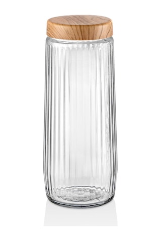 6 Adet 1,5 Litre Mega Boy Bambu Kapak Görünümlü Çizgili Kavanoz Seti 1500 Ml